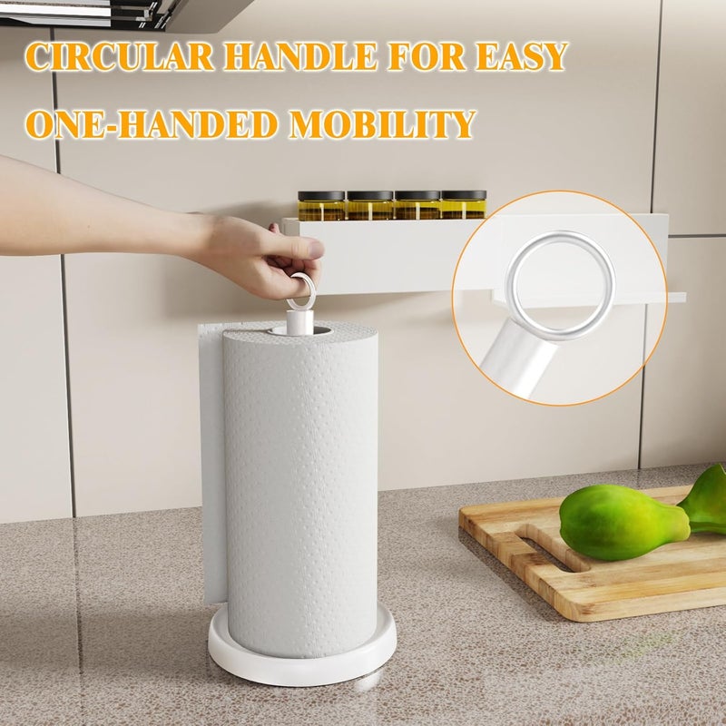 HZE White Paper Towel Holder Countertop, White Kitchen Accessories Decor, One-Handed Tear, Stainless Steel, Weighted Base, Paper Towel Holder Stand with Ratchet System for Kitchen Farmhouse Essentials - Image 3